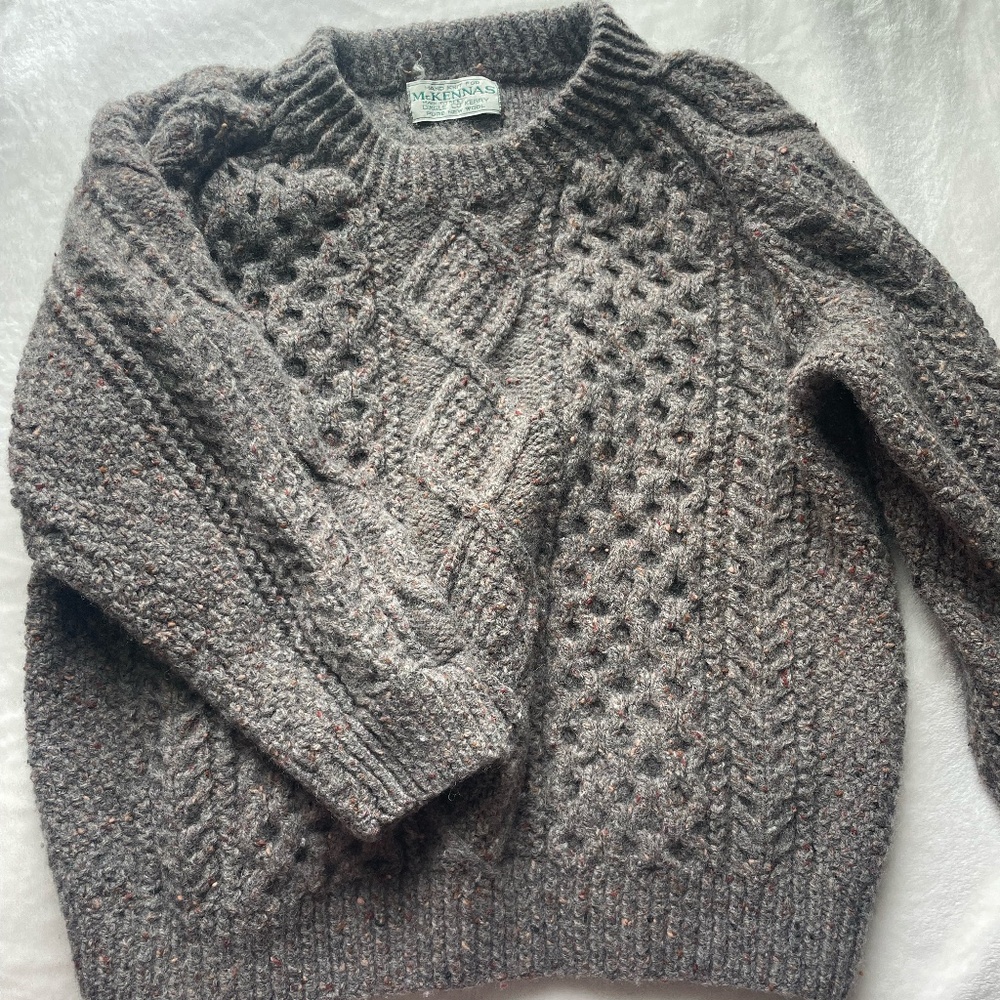 Pure new wool hand-knit cable knit sweater - Tan gray color with red and orange